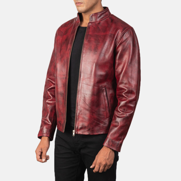 Mens Alex Distressed Burgundy Leather Jacket 5927-3-1568979185736